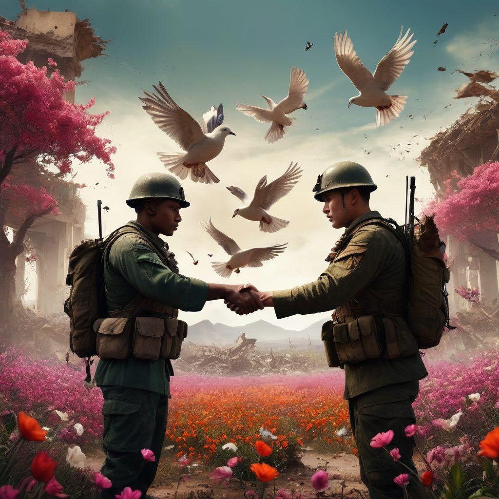 A powerful depiction of two soldiers from opposing sides shaking hands amidst a war-torn landscape, with the remnants of destruction in the background transforming into a peaceful setting filled with blooming flowers and doves in flight. The vibe should reflect unity and hope emerging from chaos. super-realistic. vibrant colors. dramatic lighting.