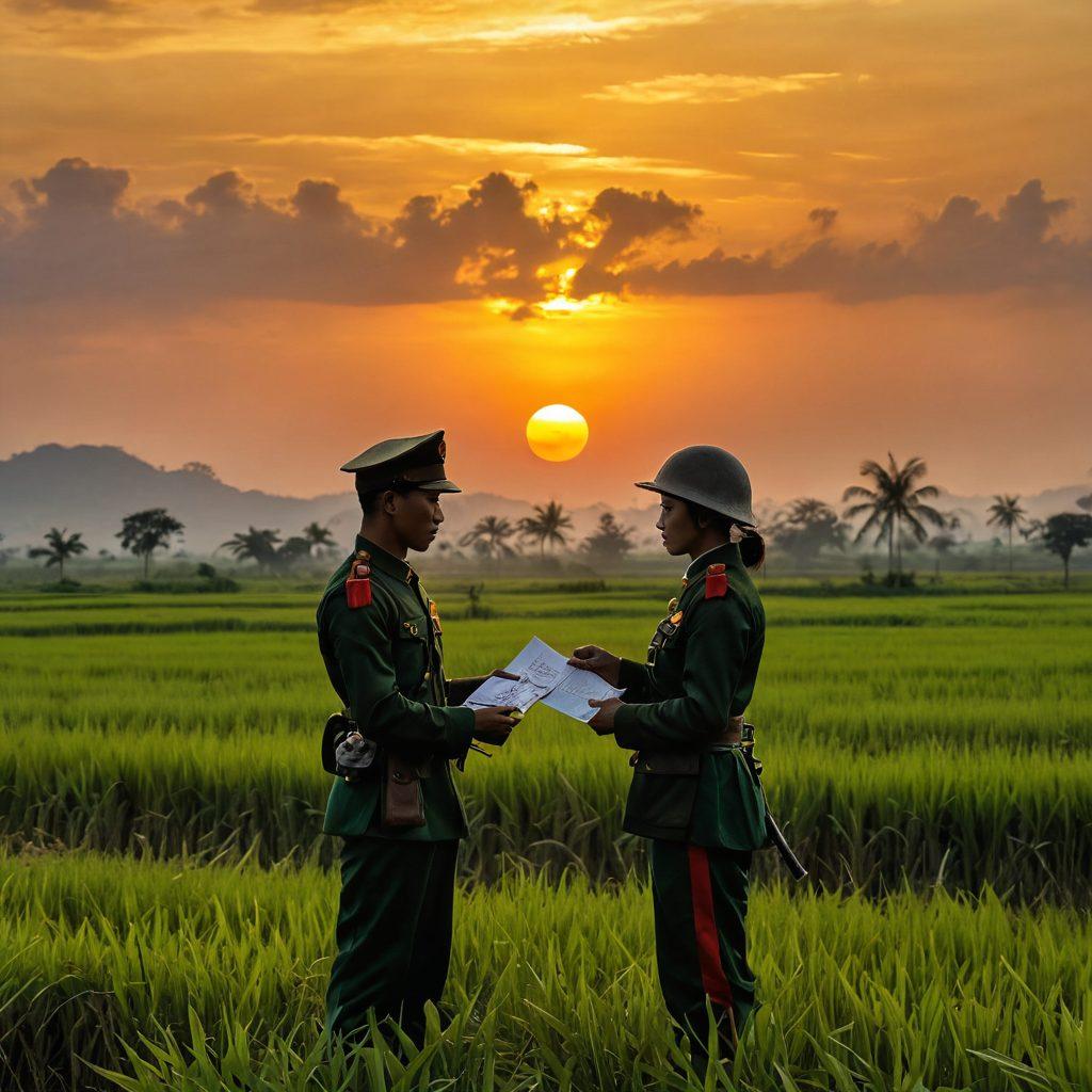 A dramatic sunset over the lush Vietnamese countryside, featuring a brave soldier in uniform holding a letter, symbolizing love and longing, with a silhouette of a romantic partner in the background. Include elements of historical military gear and romantic tokens like a locket or flower. Capture the emotional essence of military romance amidst rich green rice fields and ancient pagodas. vibrant colors. super-realistic.