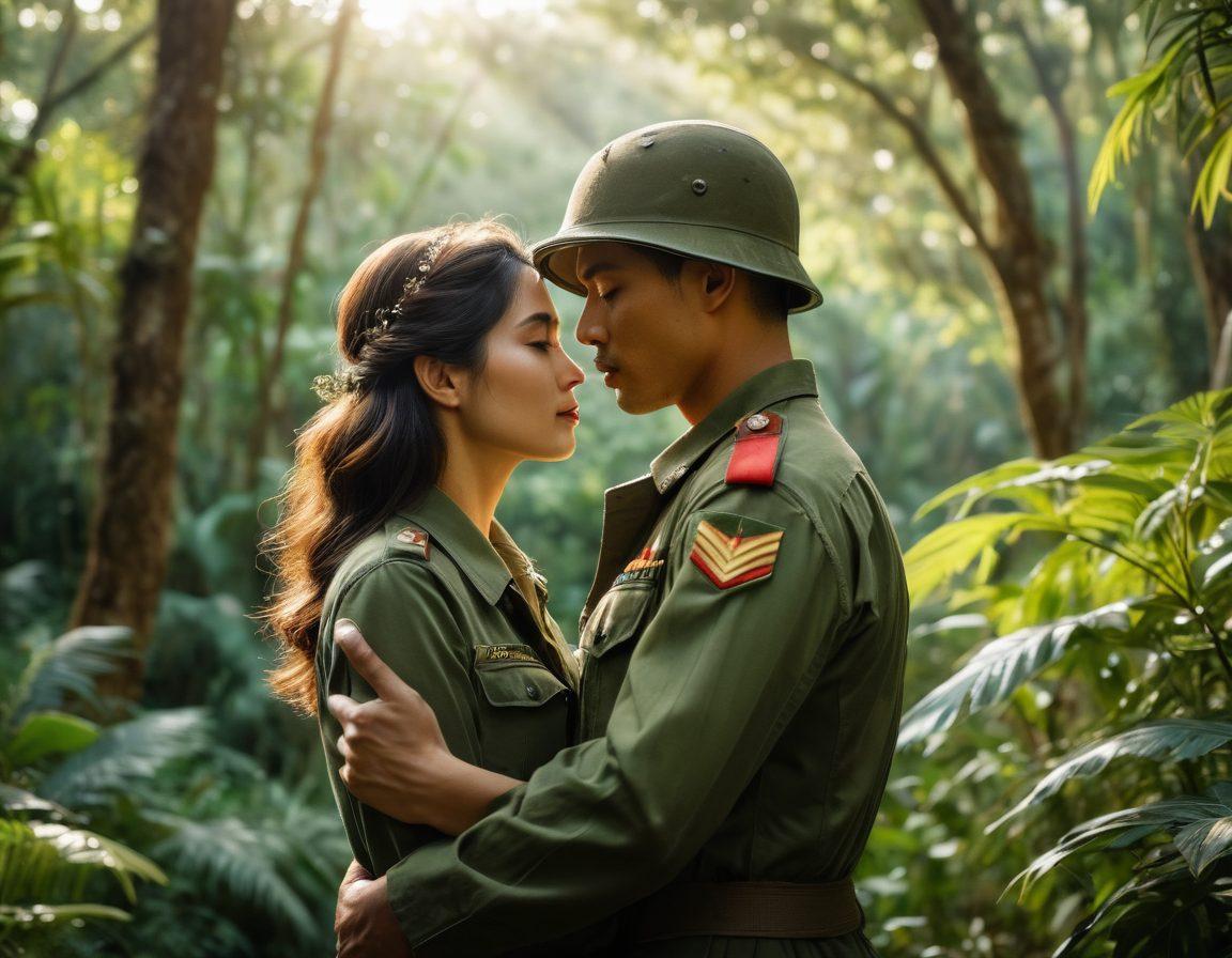 A poignant scene of a couple embracing passionately amidst a backdrop of Vietnam's lush jungles, symbolizing love in the chaos of war. The couple is dressed in military attire, with the male figure in uniform and the female figure in vintage 60s clothing. Soft sunlight filters through the trees, highlighting their expressions of bravery and tenderness, surrounded by hints of military gear and flora. The atmosphere conveys a deep sense of connection and resilience. vibrant colors. super-realistic.